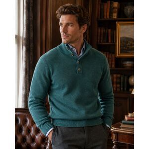 Enzo Mantovani Men’s 100% Wool Green Button Mock Neck Sweater Size M